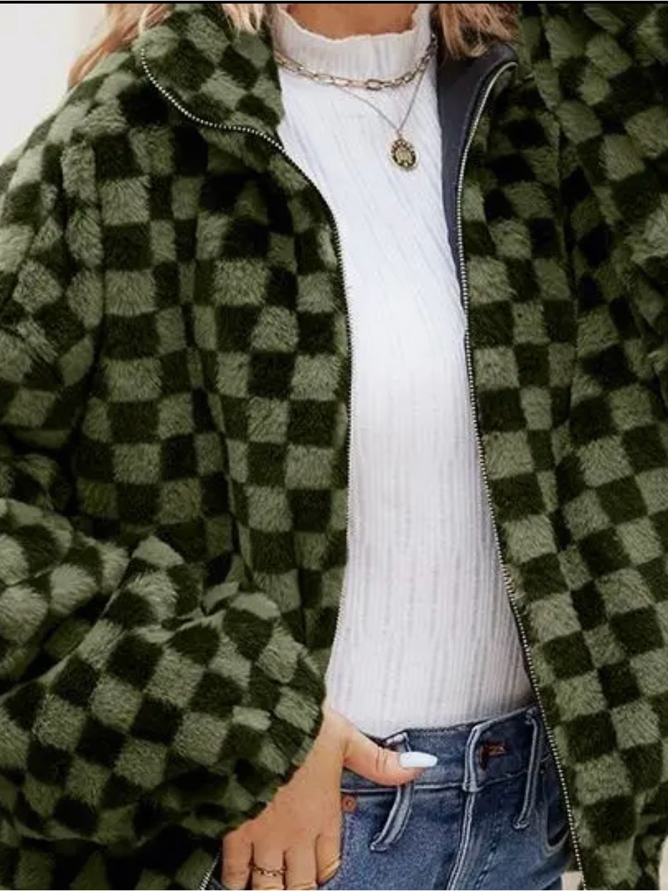 Checked Plush Zip-Up Jacket In Olive Green - Women's Coat